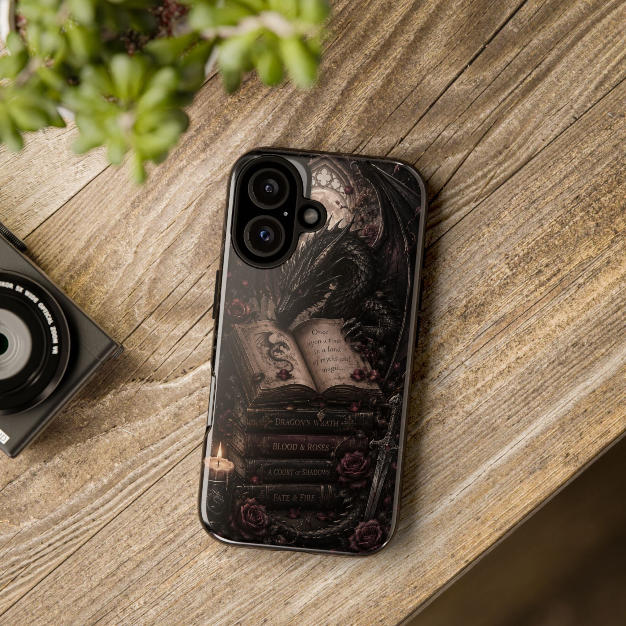 Dragon & Enchanted Books Phone Case — Gothic Fantasy Romantasy Aesthetic