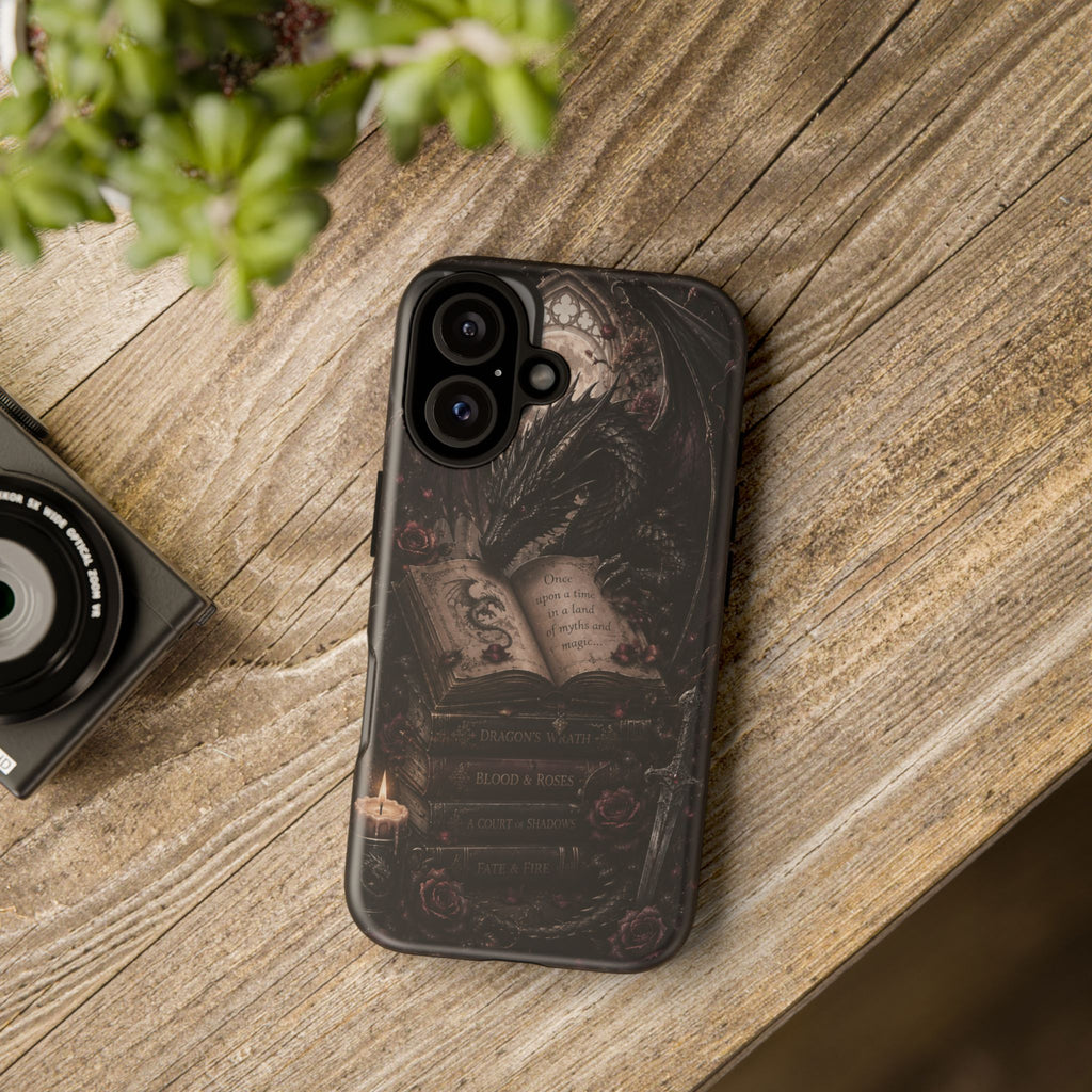 Dragon & Enchanted Books Phone Case — Gothic Fantasy Romantasy Aesthetic