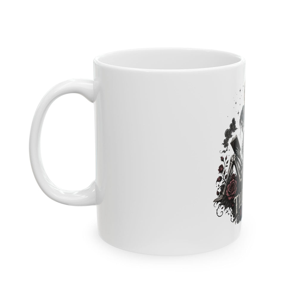 Till Death We Read Ceramic Book Lover Mug — Gothic Skeleton Couple Coffee Cup (11oz & 15oz)