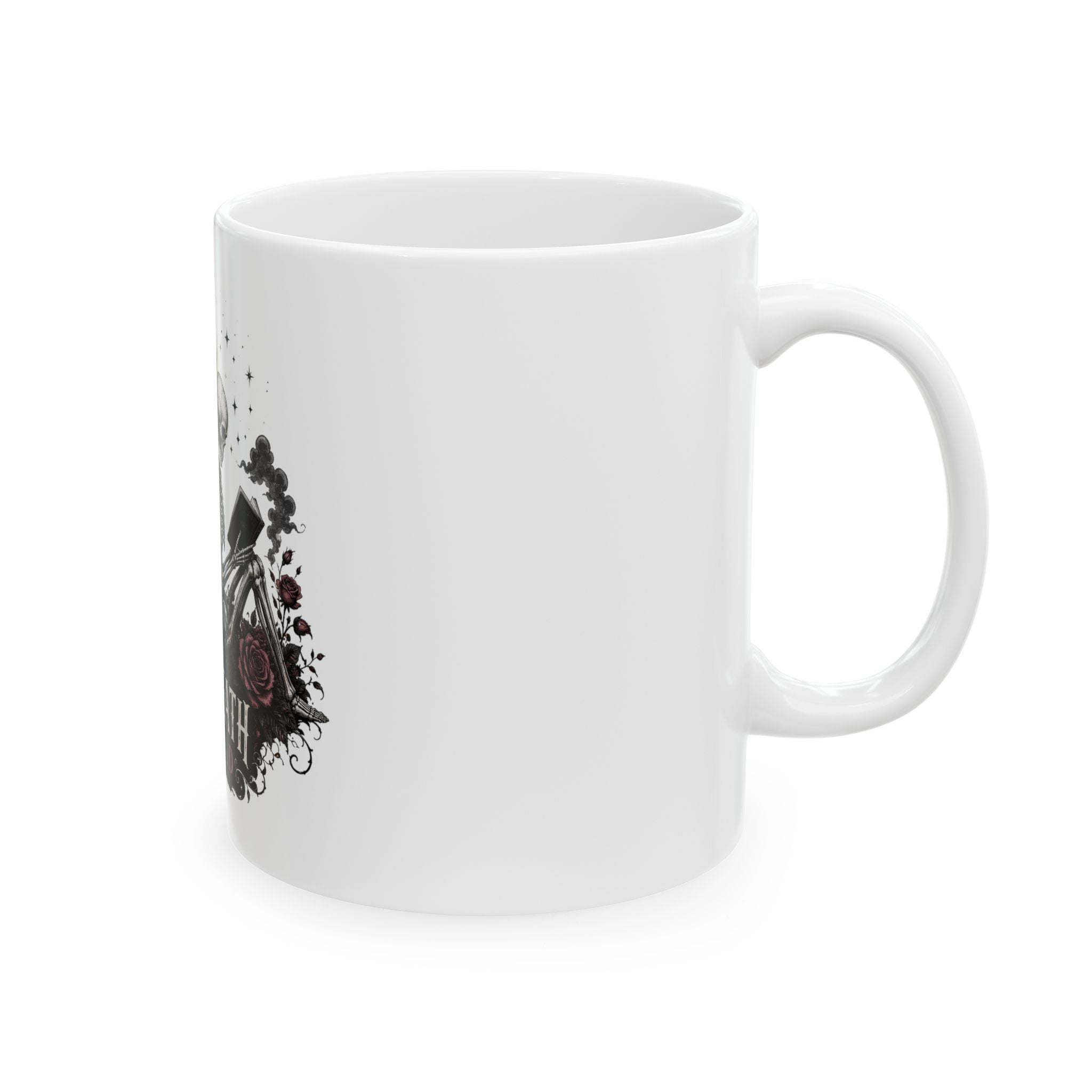 Till Death We Read Ceramic Book Lover Mug — Gothic Skeleton Couple Coffee Cup (11oz & 15oz)
